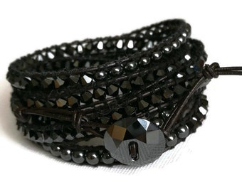 Swarovski Crystal and Hematite gemstone,chan Luu style leather wrap bracelet. Sparkling Swarovski crystal button. Evening wear. Biker chick