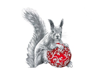 Set of 10 Christmas cards of a hand drawn squirrel, printed on recycled paper with red envelopes