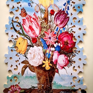 Jigsaw Puzzles For Adults / Custom Wood Puzzle /Supernatural Wooden Jigsaw Puzzle /Custom Border Wood Puzzle /Boquet of flowers on the ledge