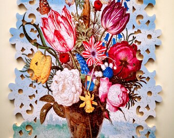 Jigsaw Puzzles For Adults / Custom Wood Puzzle /Supernatural Wooden Jigsaw Puzzle /Custom Border Wood Puzzle /Boquet of flowers on the ledge