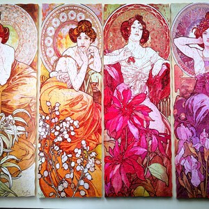 May include: Four panels of a vintage art nouveau style print featuring four women in different colored dresses with floral accents. Each panel features a different woman with a different floral design.