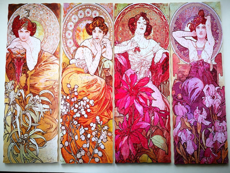 May include: Four panels of a vintage art nouveau style print featuring four women in different colored dresses with floral accents. Each panel features a different woman with a different floral design.