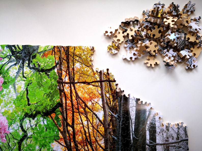 May include: A jigsaw puzzle depicting a forest scene with trees in different seasons. The puzzle is partially completed, with the spring, summer, and fall sections assembled. The winter section is missing pieces.