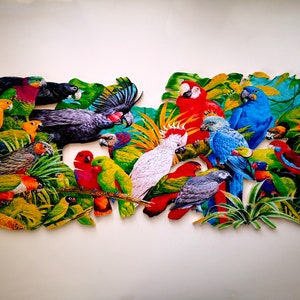 Quebra-cabeça panorâmico / Quebra-cabeças para adultos / Quebra-cabeça de madeira personalizado / Quebra-cabeça de madeira para família / Quebra-cabeça de papagaios cortado à mão na selva