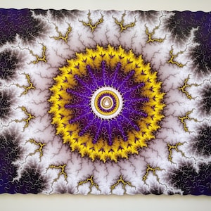 May include: A purple and yellow fractal design with a white center. The design is made up of many small, intricate shapes that create a sense of depth and complexity.