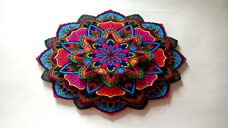 Peut inclure: Mandala en papier multicouche avec des motifs complexes dans des tons de rouge, bleu, vert, jaune et rose.