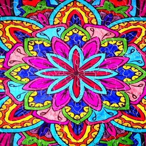 May include: A colourful mandala design with intricate details in shades of pink, blue, green, yellow, and red. The design features a central flower with multiple layers of petals.