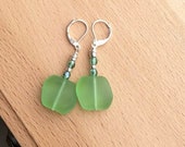 Green Sea Glass Earrings, Lever Backs, Beach Earrings with Cultured Sea Glass