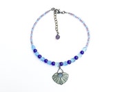 Blue Ankle Bracelet, Blue Glass  Beach Anklet, with an Enamel Flower