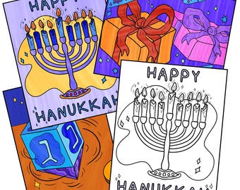 May include: Four colourful Hanukkah-themed art prints. The prints feature menorahs with lit candles, gift boxes, and a dreidel. The words "Happy Hanukkah" are written across the top of the prints.