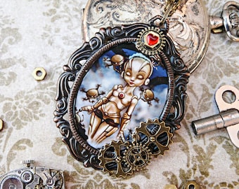 Steampunk jewelry, steampunk necklace, steampunk pendant, robot pendant, robot steampunk, Metrópolis robot, original art, big eyes art