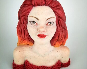 Polymer clay figure Fire element OOAK sculpture fantasy creature art doll elemental pop surrealism character bust red hair art doll original