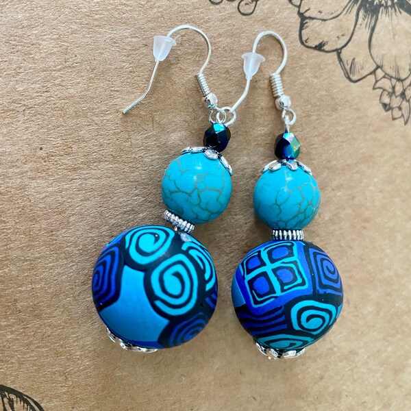 boucles d'oreilles boules  graphiques  bleues et turquoise