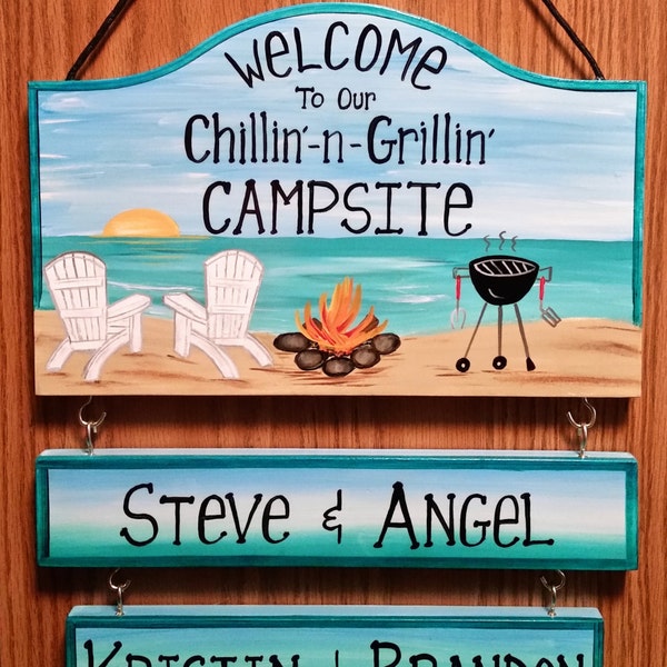 Welcome to our  Camping Paradise or Backyard Campsite Camping Sign  with your name! Custom Personalized with 2 Name Boards