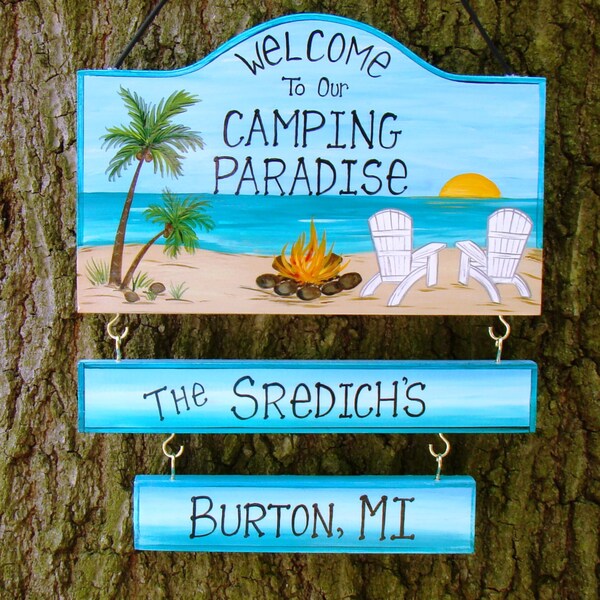 Welcome to our  Camping Paradise or Backyard Campsite Camping Sign  with your name! Custom Personalized with 2 Name Boards