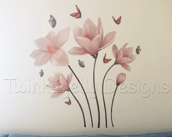 Soft Pink Flower print wall sticker - 5 piece - mural - Lily wall sticker - Wall decal - cottage garden - Orchid - flower meadow