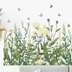 Wild Flowers and butterflies print wall sticker - 80cm x 53cm - mural - Wall decal - cottage garden wall sticker - flower meadow