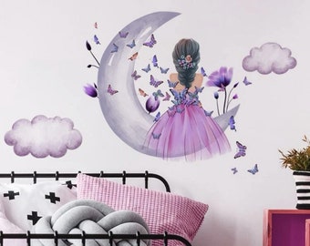 Girl sitting on the moon wall sticker - Wall decal - wall sticker - fairy girl on the moon wall sticker