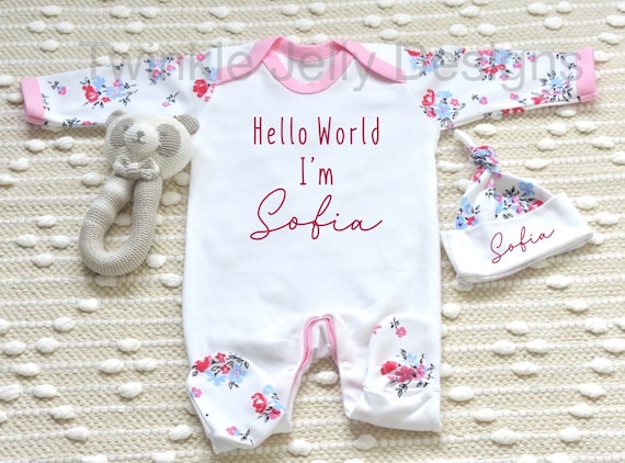 Buy Hello World Beautiful Personalised Floral Sleepsuit