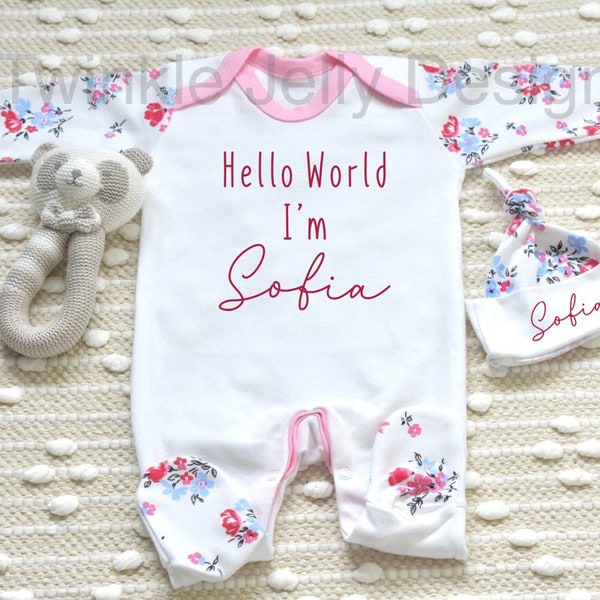 Hello world - beautiful Personalised Floral sleepsuit - personalised matching hat - coming home outfit - newborn baby gift - baby shower