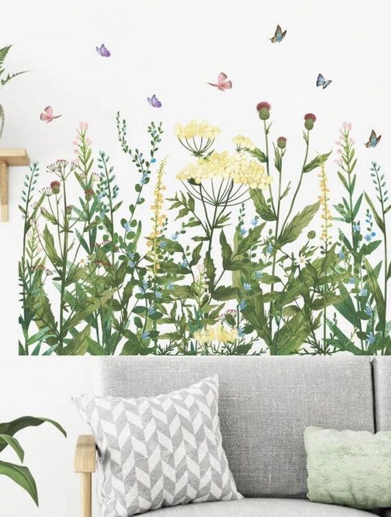 Sticker mural imprimé fleurs sauvages et papillons 80 cm x 53 cm
