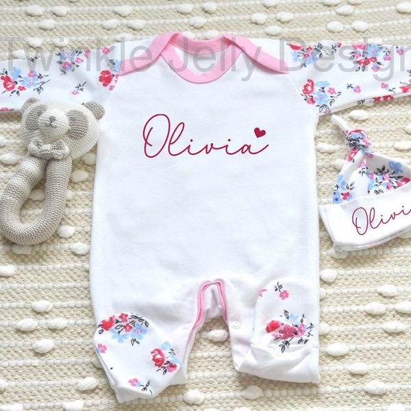 Personalised Floral sleepsuit - personalised matching hat - coming home outfit - newborn baby gift - baby shower
