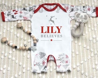 Personalised I Believe Christmas patterned sleepsuit - babygrow - Romper - 1st Christmas