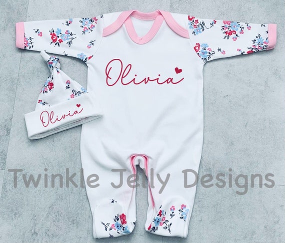 FLORAL PERSONALISED SLEEPSUIT Babygrow Girl Baby Gift Hospital outfit NEWBORN 