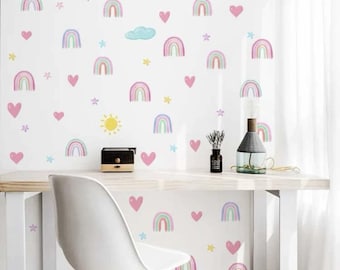Rainbow print wall stickers - cloud wall stickers - love heart wall stickers - star stickers - Wall decal - Children's rainbow wall stickers