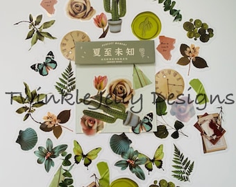 green nature sticker pack - 40 in a bag - retro - flowers - scrapbooking - bullet journal - diary - cottagecore - cactus - leaves