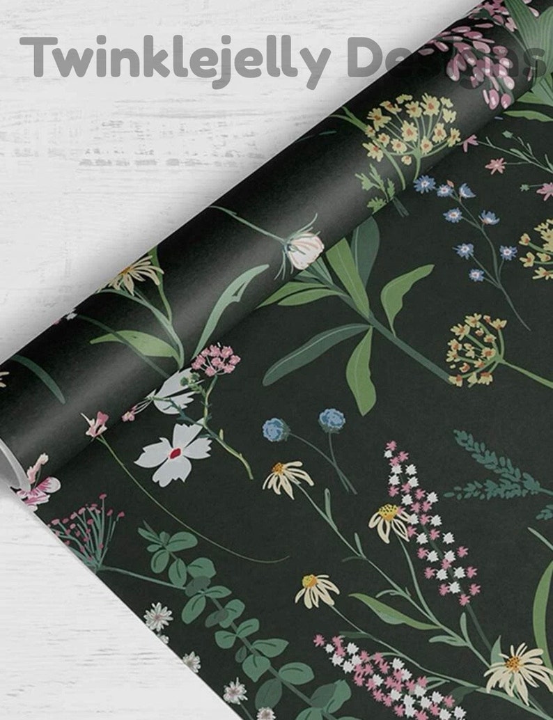 Black Floral Sticky Backed Wallpaper 45cm X 100cm Upcycle Etsy