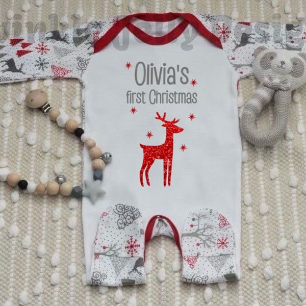 Personalised First Christmas patterned sleepsuit - babygrow - Romper - 1st Christmas - reindeer