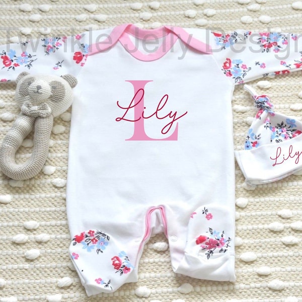 Beautiful Personalised Floral sleepsuit - personalised matching hat - coming home outfit - newborn baby gift - baby shower