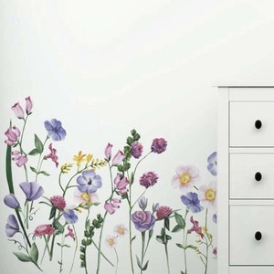 Pretty pink and purple wild flowers and butterflies print wall sticker - 90cm x 60cm - cottage garden wall sticker - flower meadow