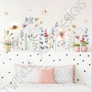 watercolour wild flower print wall sticker - 87cm x 37cm - mural - Wall decal - cottage garden - cottagecore