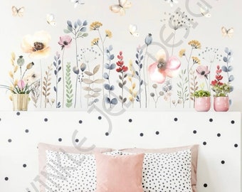 watercolour wild flower print wall sticker - 87cm x 37cm - mural - Wall decal - cottage garden - cottagecore