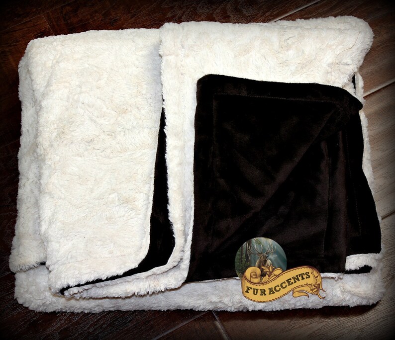 Chenille Vintage White and Chocolate Brown Minky Fur Crushed Velvet Minky Cuddle Fur Bedspread Throw Blanket REVERSIBLE