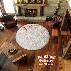 Faux Fur Area Rug, Shag Carpet, Round, Accent Throw Rug, White with Black or Brown Tips, Sheepskin, Fur Accents, Hand Made in USA