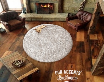 Faux Fur Area Rug, Shag Carpet, Round, Accent Throw Rug, White with Black or Brown Tips, Sheepskin, Fur Accents, Hand Made in USA