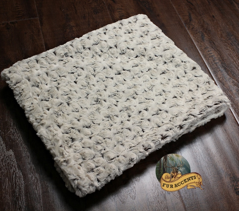 Taupe Rosebud Minky Cuddle Fur Bedspread Throw Blanket Taupe and Ivory Minky Lining REVERSIBLE - Chenille
