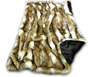 Golden Brown Coyote Stripe Throw Blanket - Premium Faux Fur - Rich Brown Tones and Off White - Softest Minky Lining