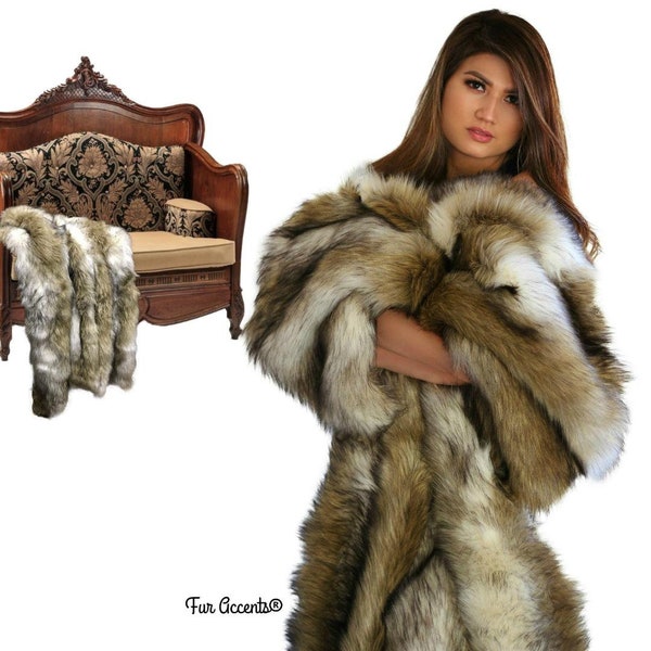 Gold  Wolf, Coyote Throw Blanket, Grizzly Bear, Premium Faux Fur, Taupe and Brown Gold Tones and Warm Gold Highlights, Softest Minky Lining