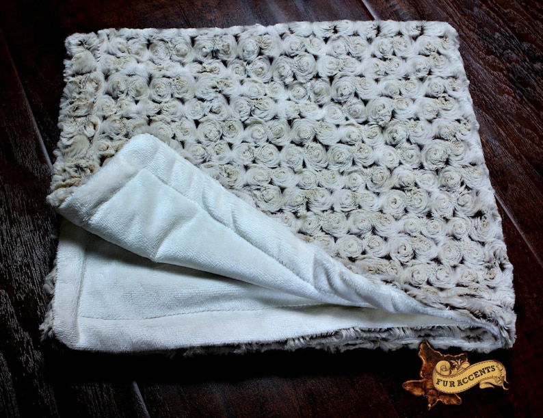 Taupe Rosebud Minky Cuddle Fur Bedspread Throw Blanket Taupe and Ivory Minky Lining REVERSIBLE - Chenille