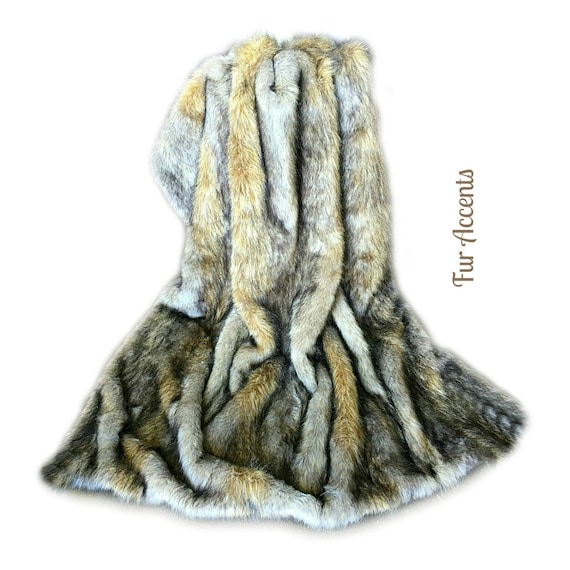Gold and Gray Wolf - Coyote Throw Blanket - Premium Faux Fur - Gray Tones and Warm Gold Highlights  - Softest Minky Lining