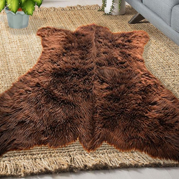 Bear Skin Rug, Realistic, Lifesize, Shaggy Faux Fur Area Rug, Throw Rug, Shag Carpet, Thick Shag Pelt, Hide, Designer Decor, Hand Made USA