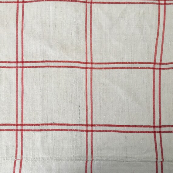 NCT1712 Red and Mustard Stripe Tablecloth Linen for Cafe Tables Small Tables with Monograms Vintage Fabric Handmade Linen