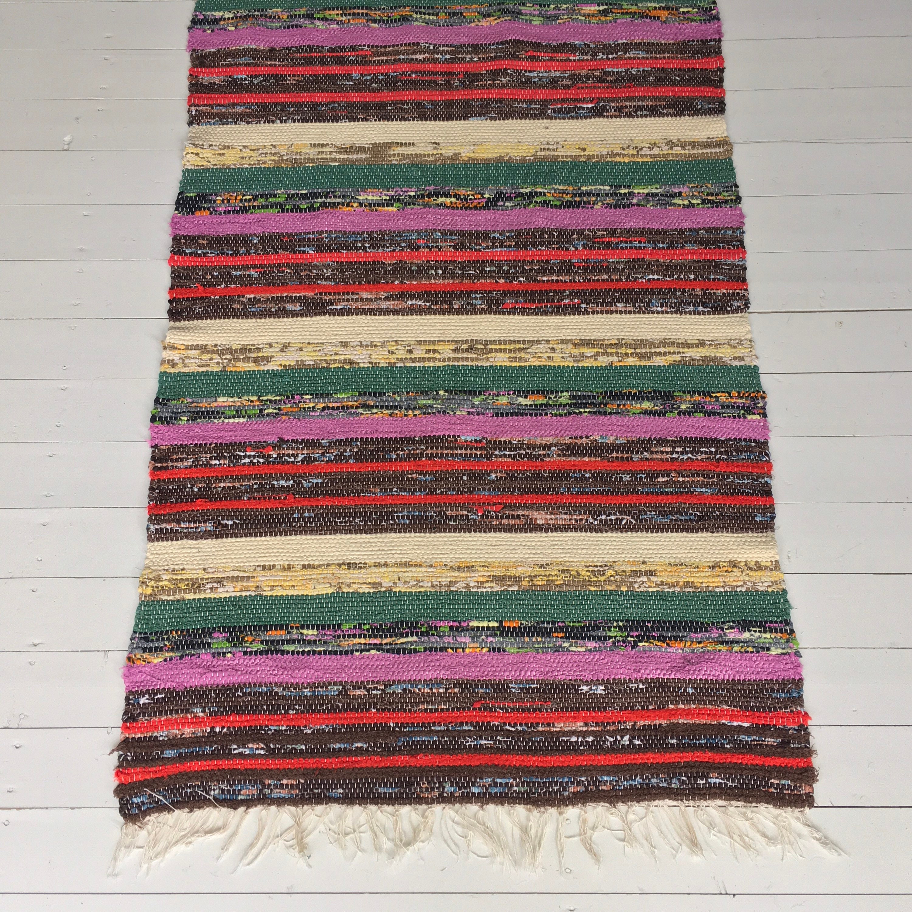 RR1612 Vintage Swedish Rag Rug in Purple Green Brown Colored Stripey