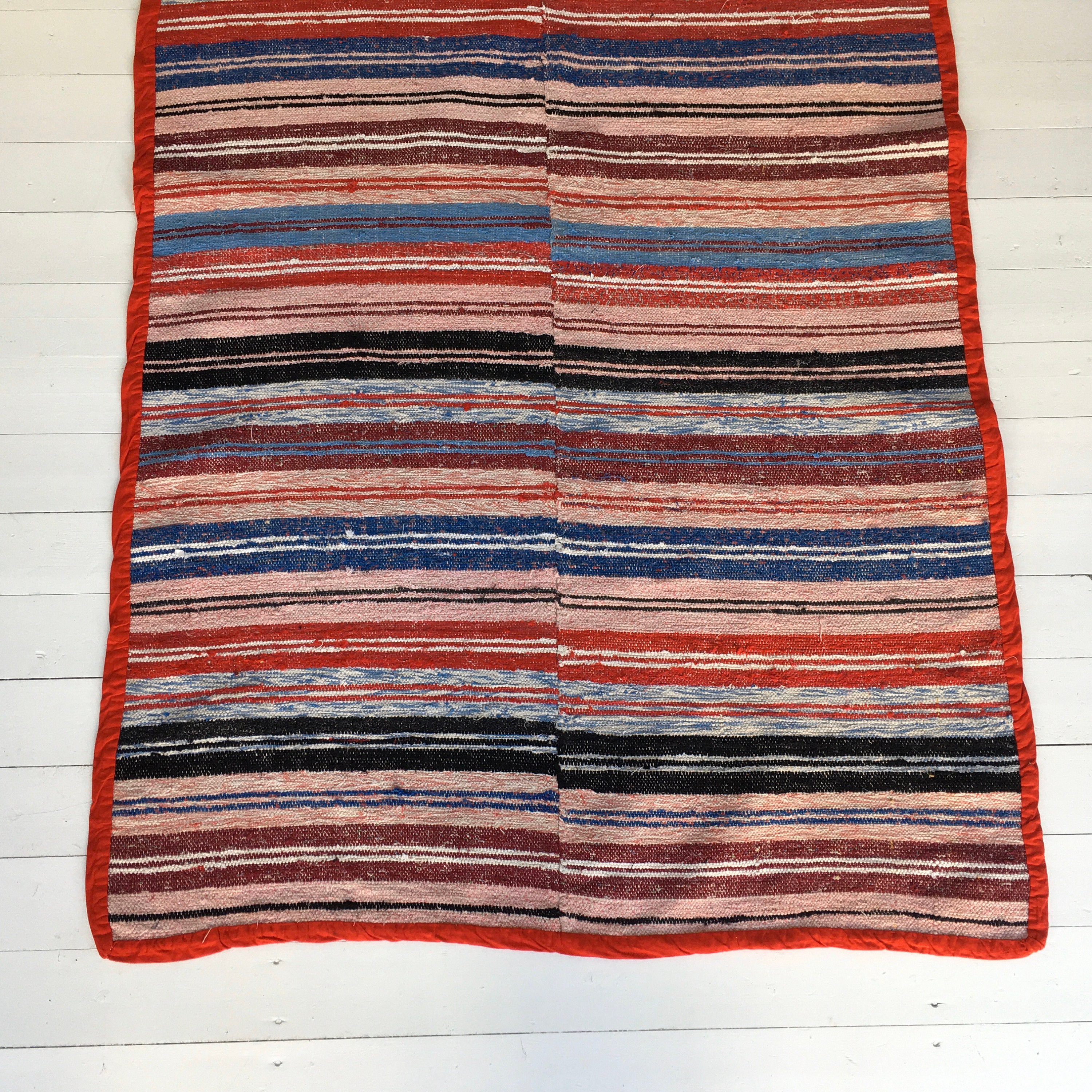 Vintage Swedish Rag Rug Double Width Multi Coloured Stripey Rag Rug