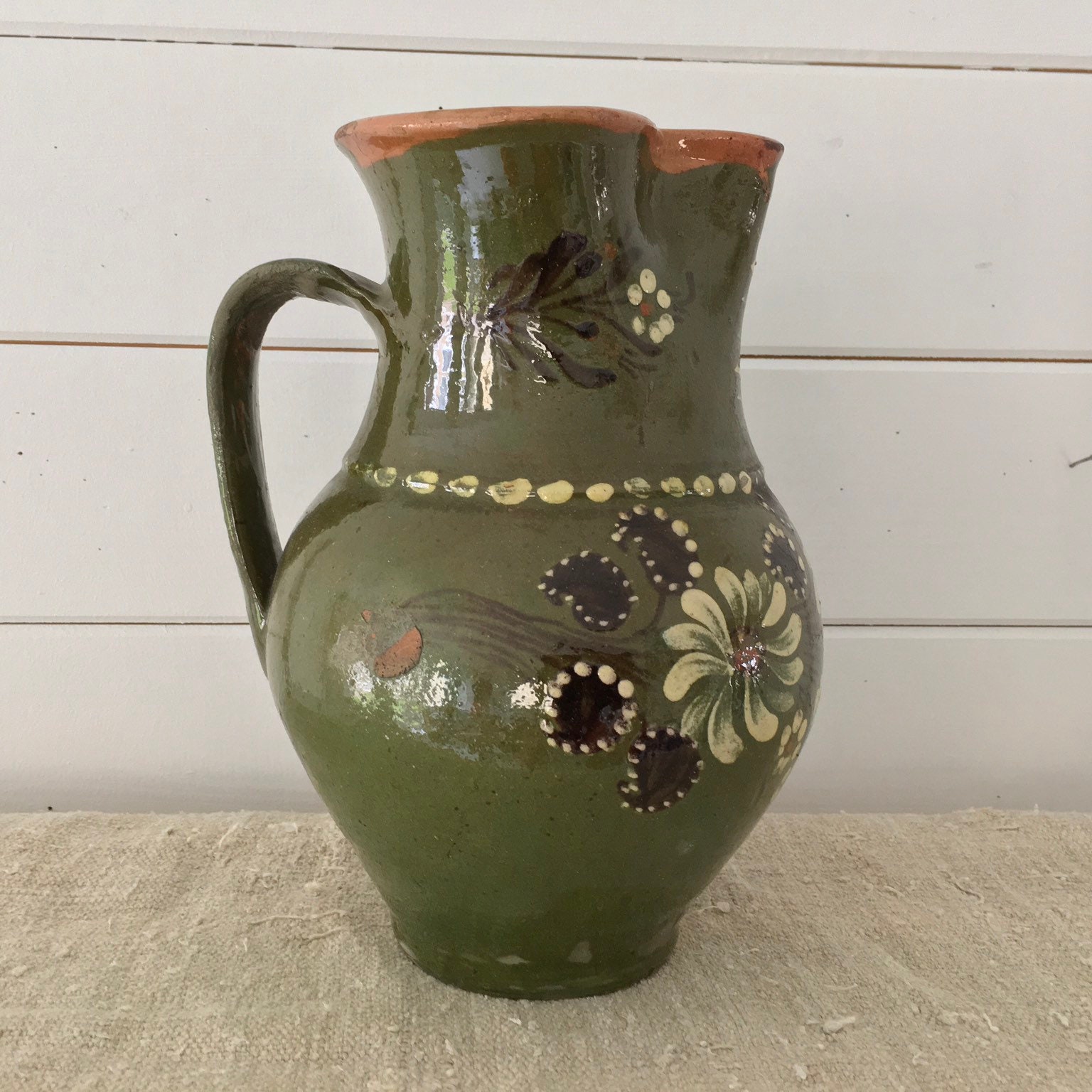 Rustic Terracotta Hungarian Pottery Glazed Ceramic Jug