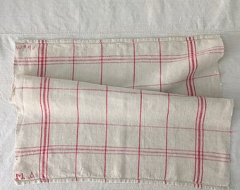 Red Checked Tea Towel Linen for with 'MA' Monogram Vintage Fabric Handmade Linen NTT1916